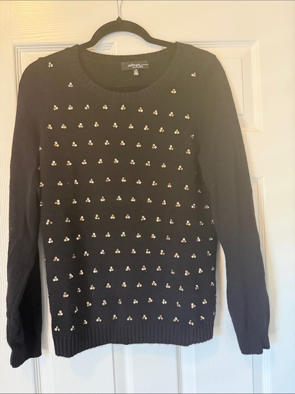 Saks Fifth Avenue Chashmer Black Crewneck Sweater with Stud Embellishments